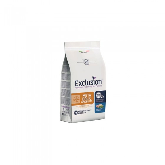 EXCLUSION METABOLIC MOBILITY MAIALE E FIBRE MED/LARGE 12KG DIET  PORK & FIBRES